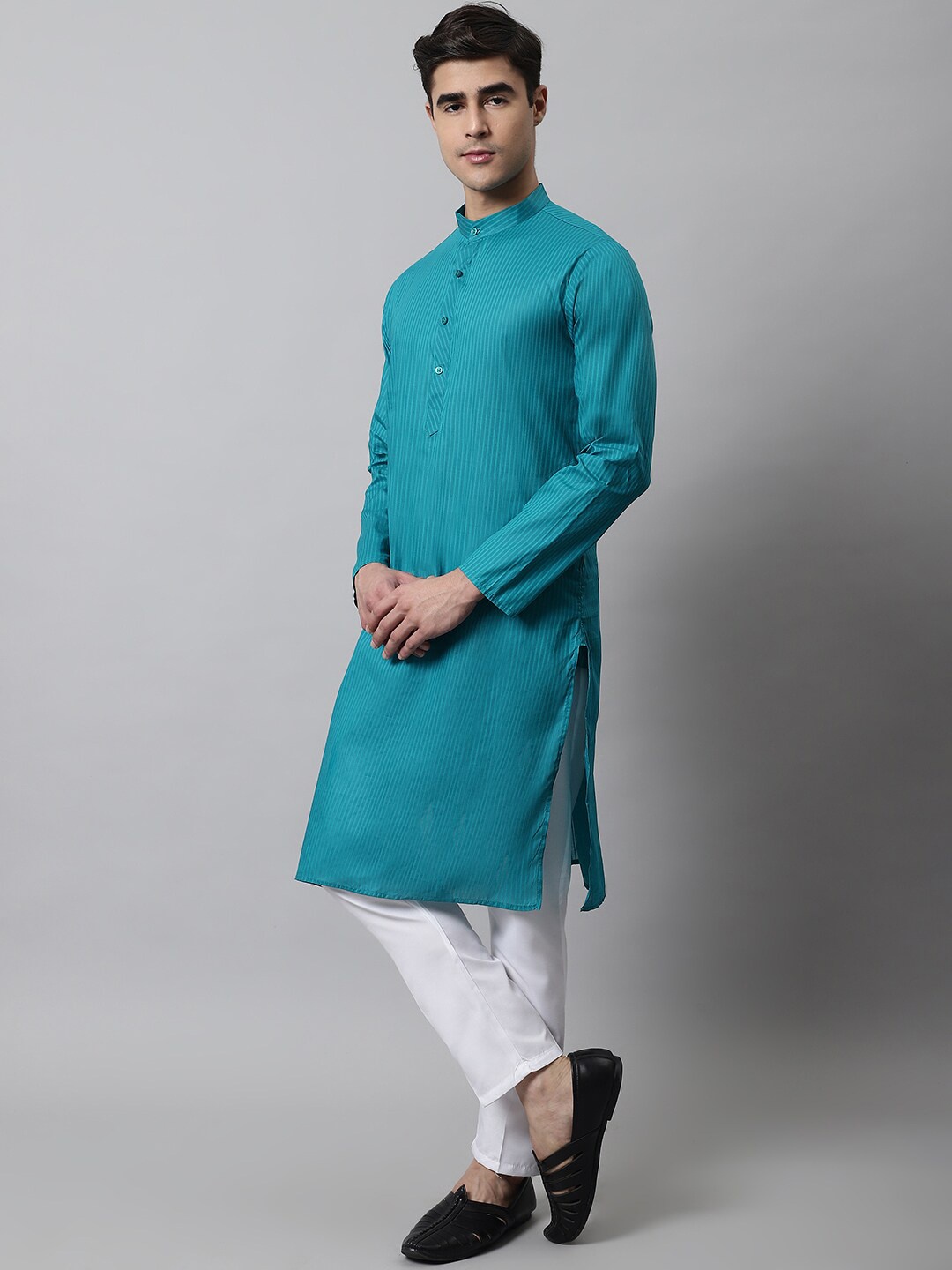 

Jompers Men Striped Pure Cotton Kurta with Pyjamas, Teal