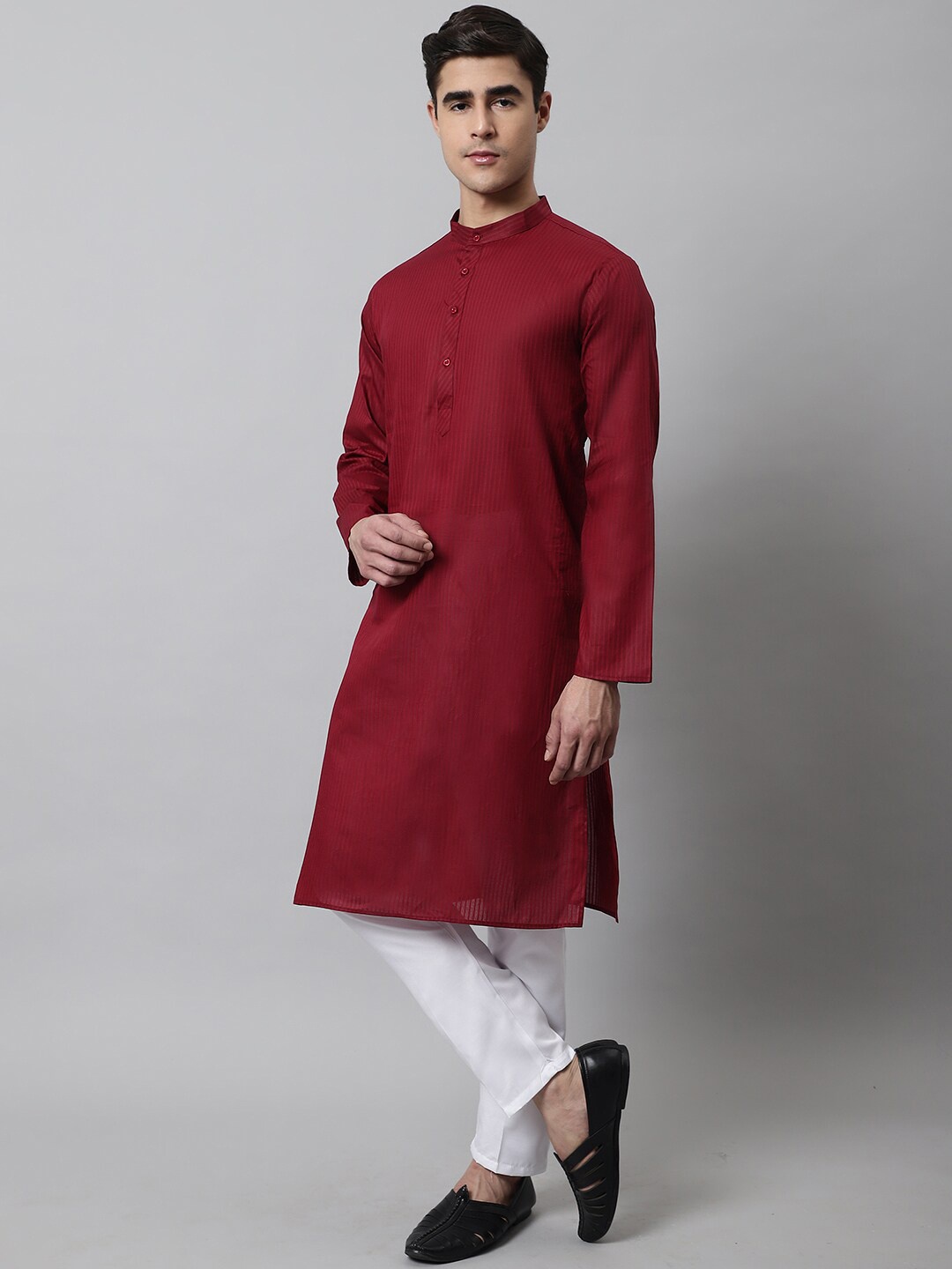 

Jompers Men Striped Pure Cotton Kurta with Pyjamas, Maroon