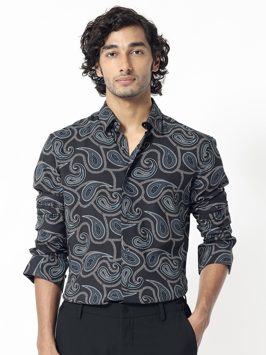 

RARE RABBIT Men Baxon Slim Fit Printed Shirt, Black