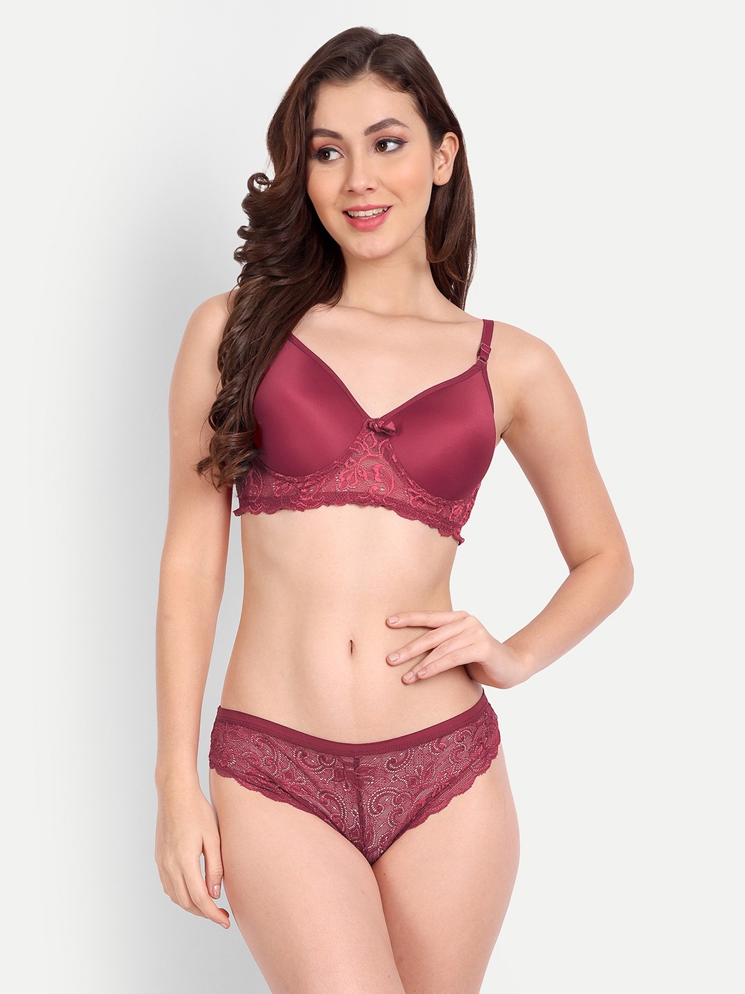 

FIMS Self-Design Cotton Lace Padded Lingerie Set NEW_Jas_Min_Set_Maroon_B