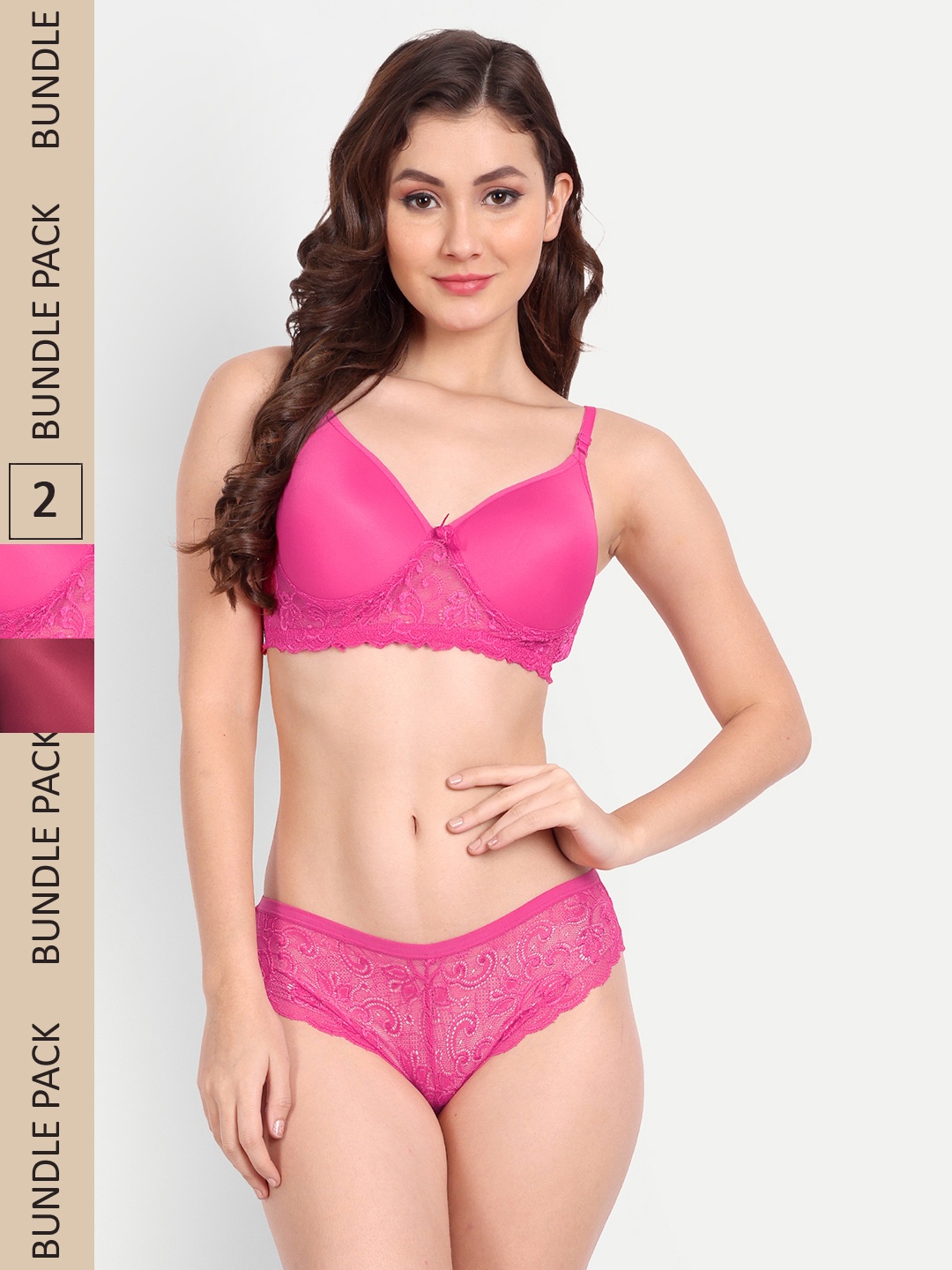 

FIMS Pack Of 2 Self-Design Lace Lingerie Set, Fuchsia