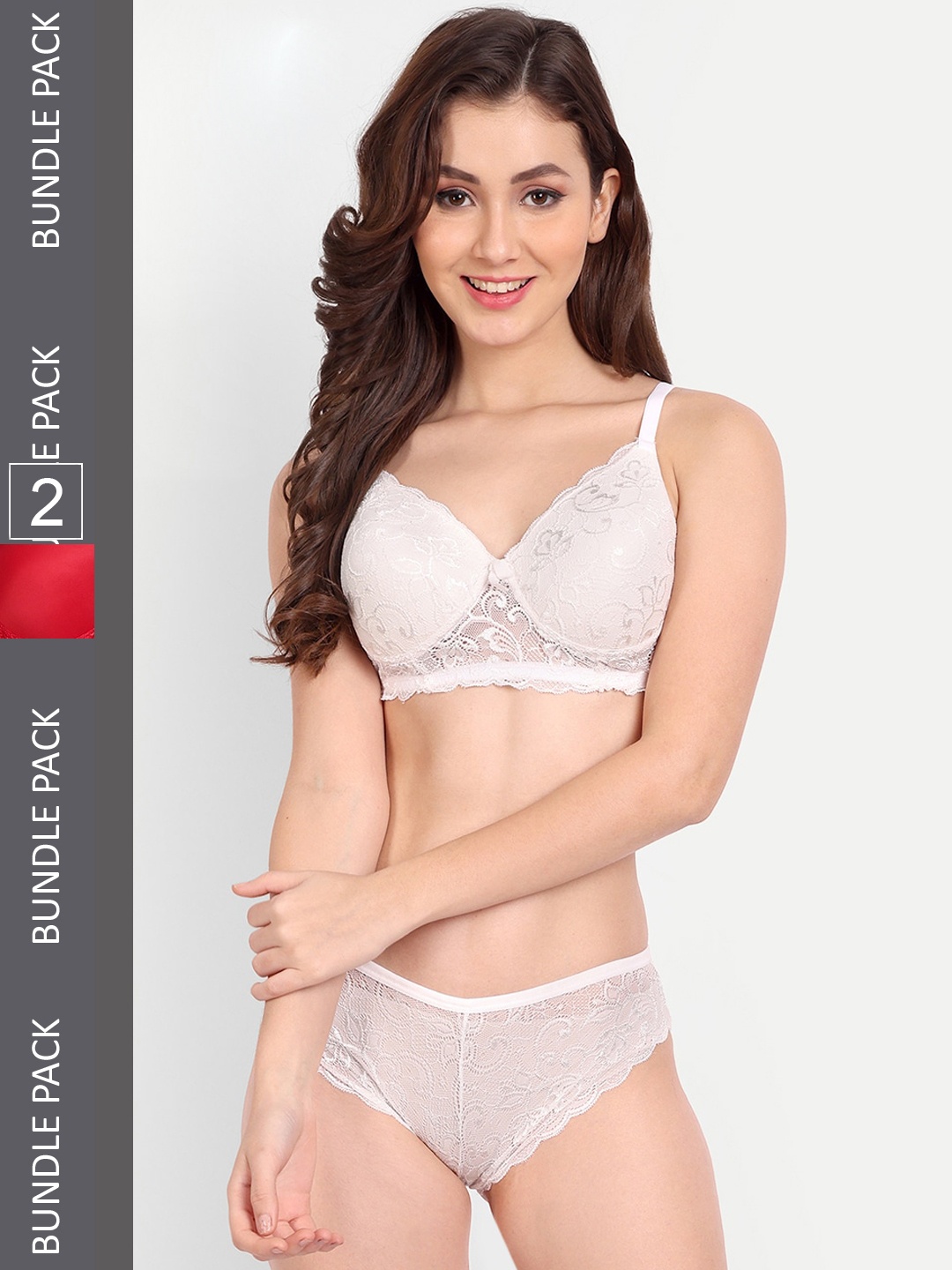 

FIMS Pack Of 2 Self-Design Cotton Lace Lingerie Set, White
