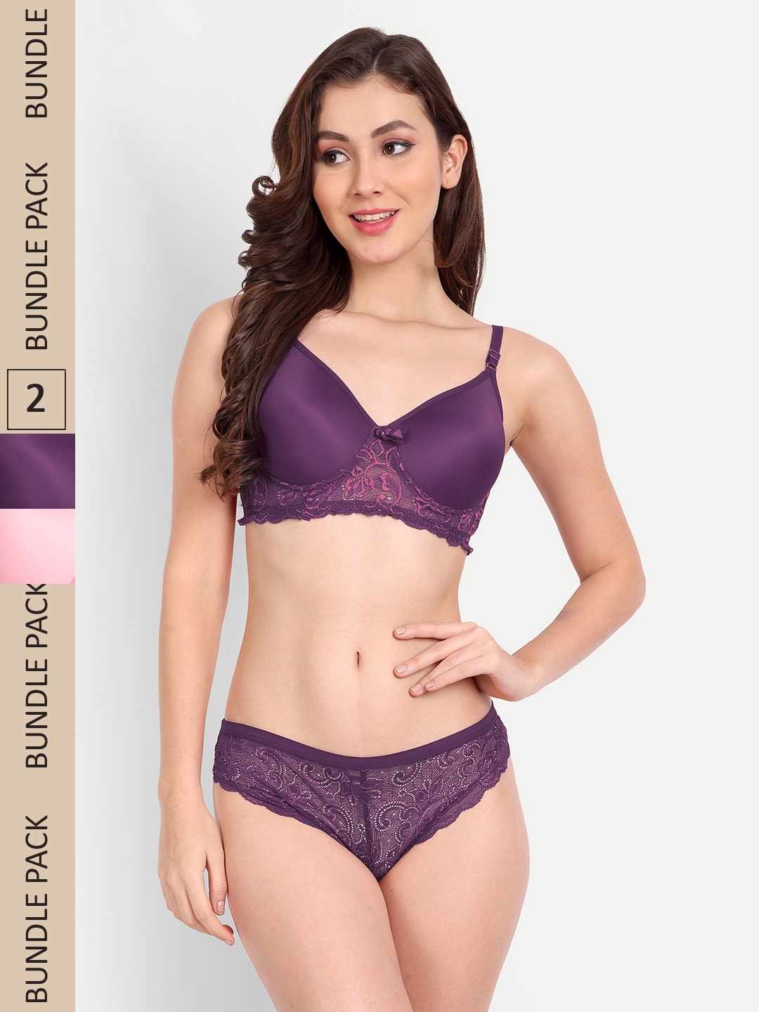 

FIMS Pack Of 2 Self-Design Laced Floral Net Padded Lingerie Set NEW_Jas_Min_Set_PinkPurple_B, Pink