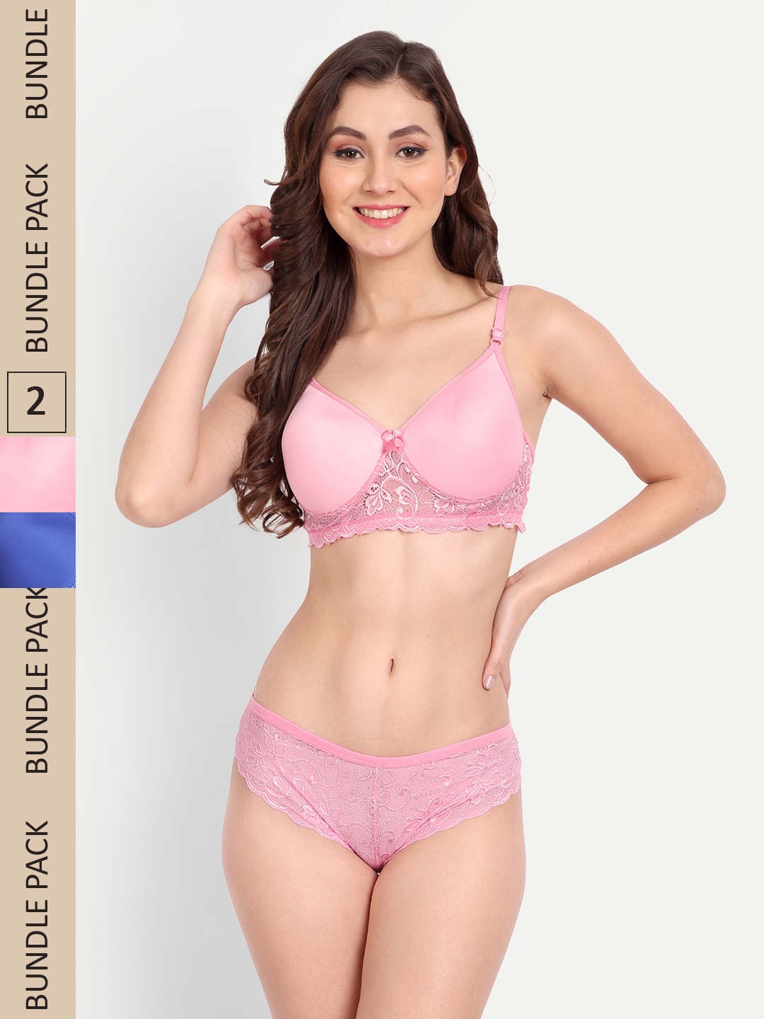 

FIMS Pack Of 2 Floral Lace Padded Lingerie Set NEW_Jas_Min_Set_BluePink_B, Blue