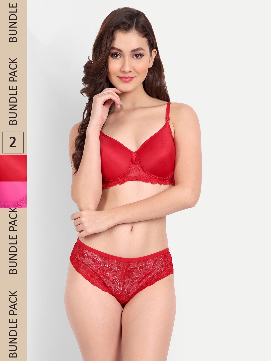 

FIMS Pack Of 2 Cotton Floral Lace Design Padded Lingerie Set, Red