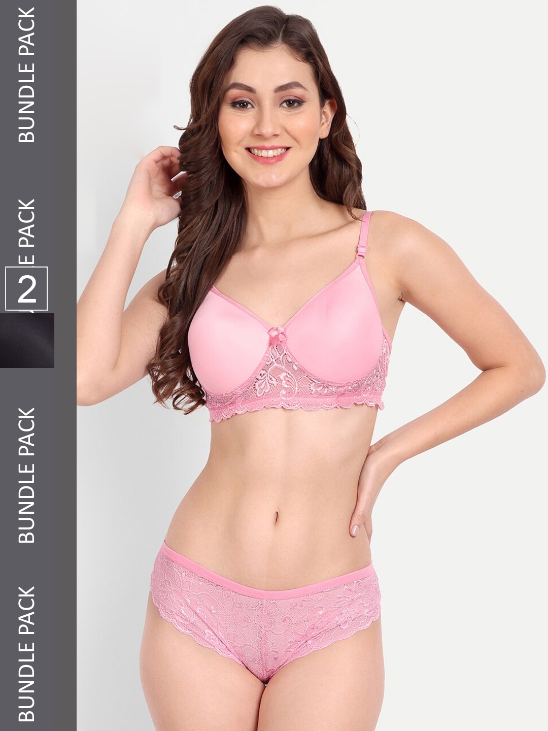 

FIMS Pack Of 2 Lace Floral Net Padded Lingerie Set, Pink