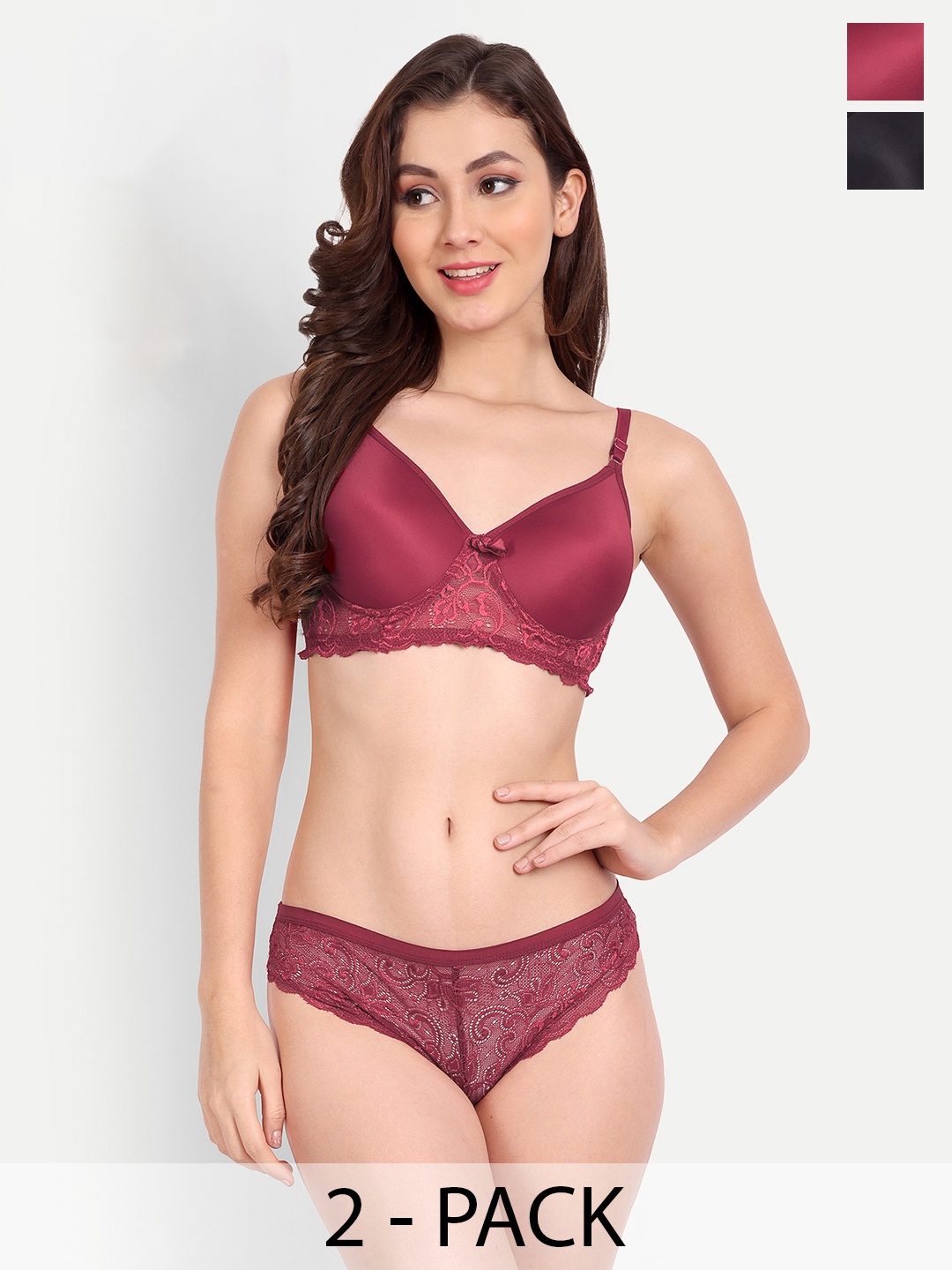 FIMS Pack Of 2 Lingerie Set NEW_Jas_Min_Set_BlackMaroon_B, Black