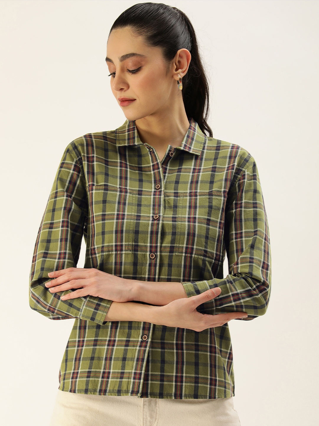 

IVOC Women Checked Regular Fit Casual Shirt, Olive