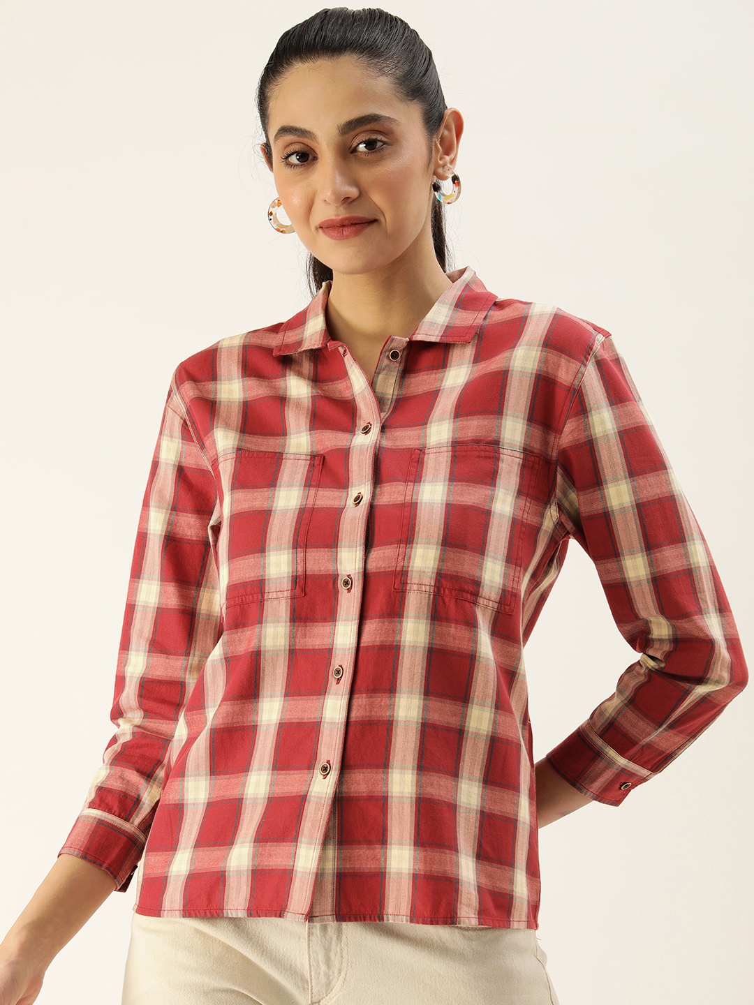 

IVOC Women Checked Regular Fit Casual Shirt, Red