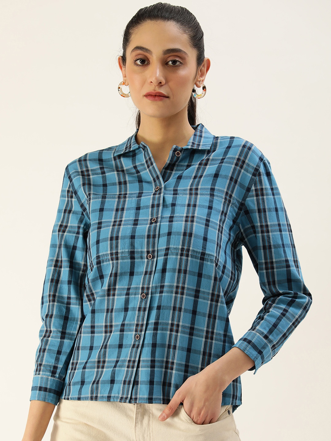 

IVOC Women Checked Regular Fit Casual Shirt, Navy blue
