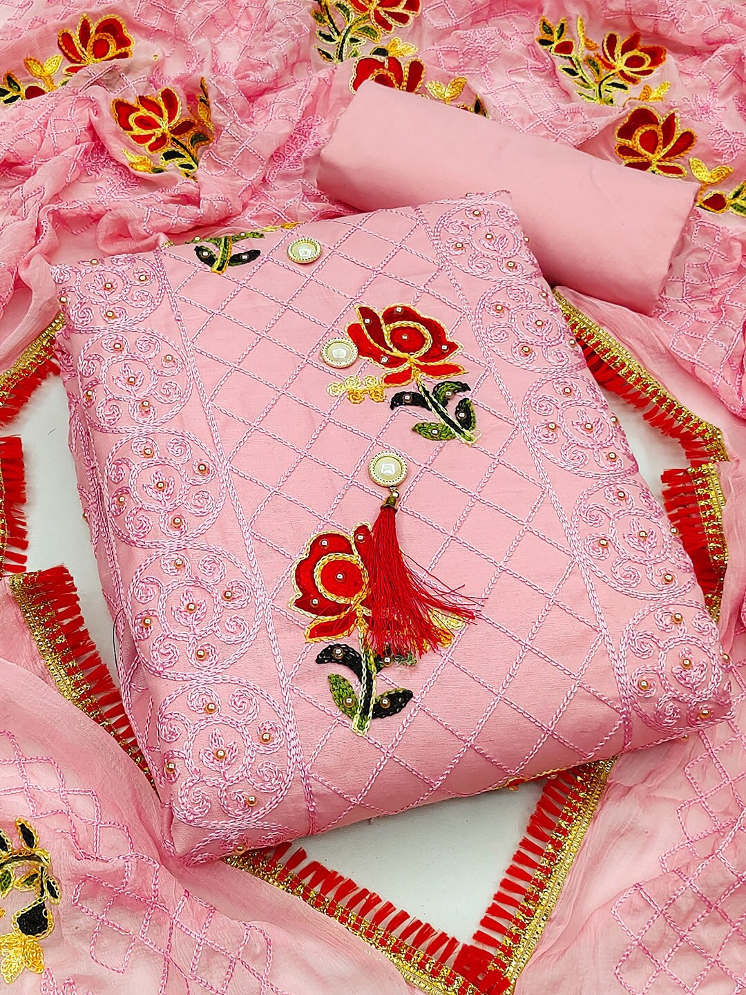 

GUNVANTI FAB Embroidered Unstitched Dress Material, Pink