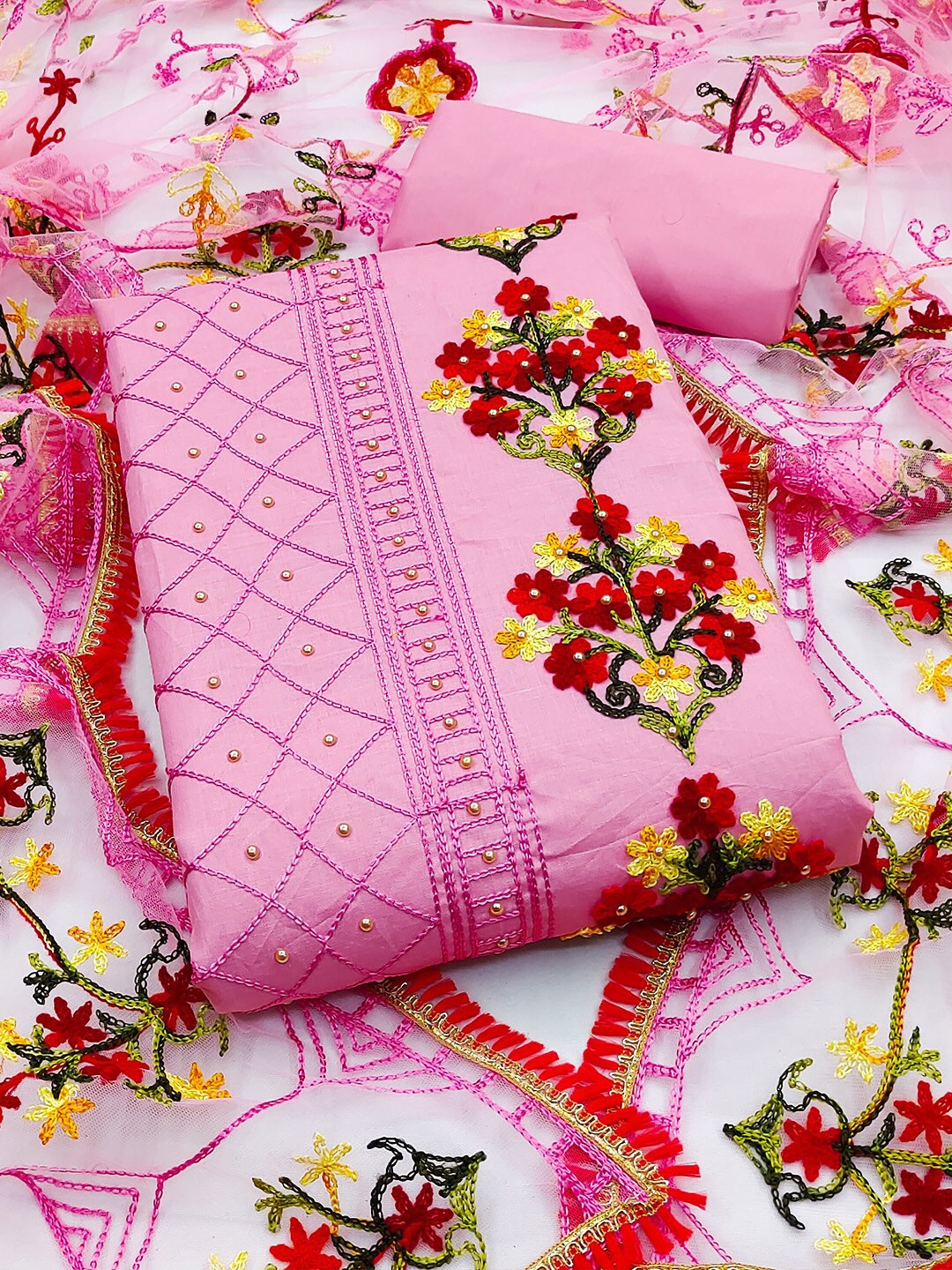 

GUNVANTI FAB Embroidered Unstitched Dress Material, Pink