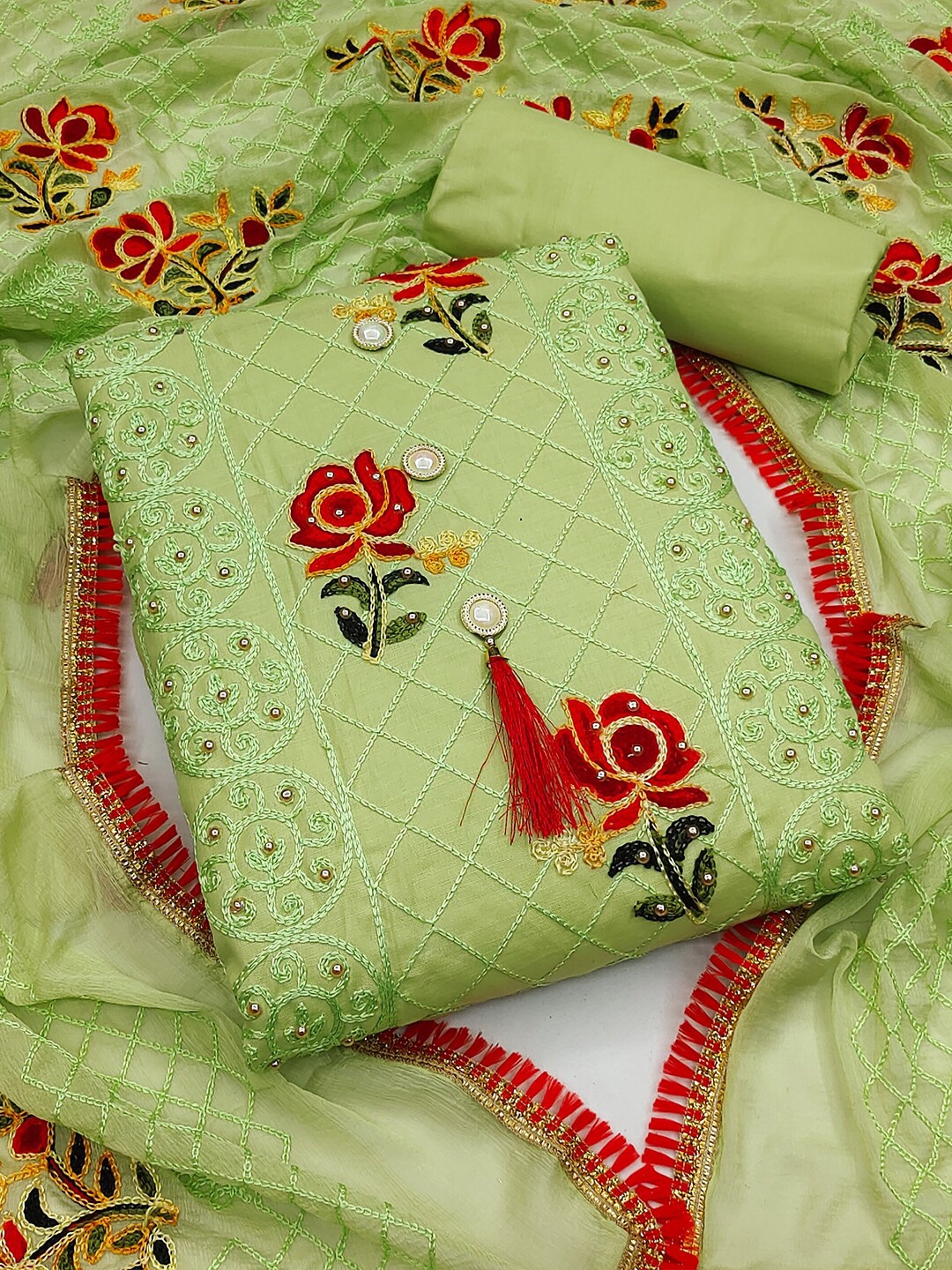 

GUNVANTI FAB Green & Red Embroidered Unstitched Dress Material