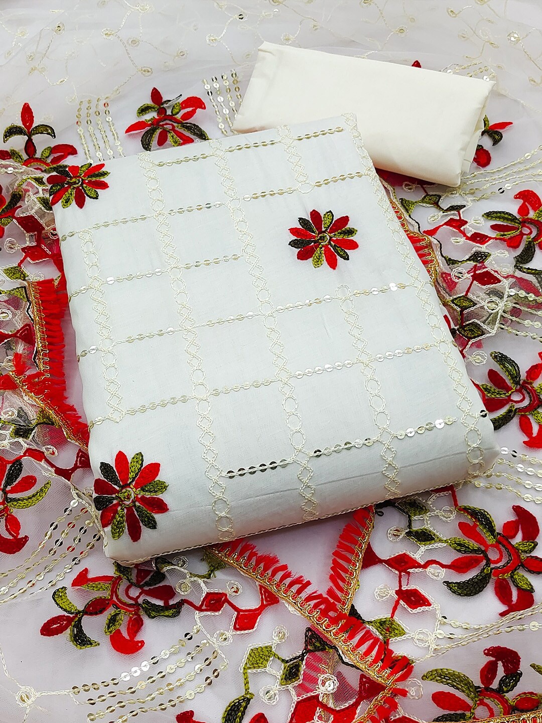 

GUNVANTI FAB Embroidered Unstitched Dress Material, White