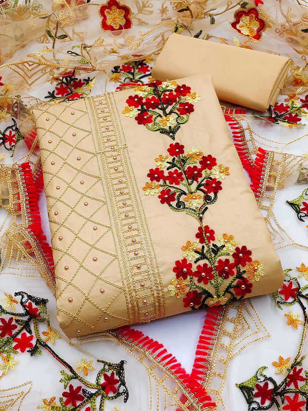 

GUNVANTI FAB Embroidered Unstitched Dress Material, Beige