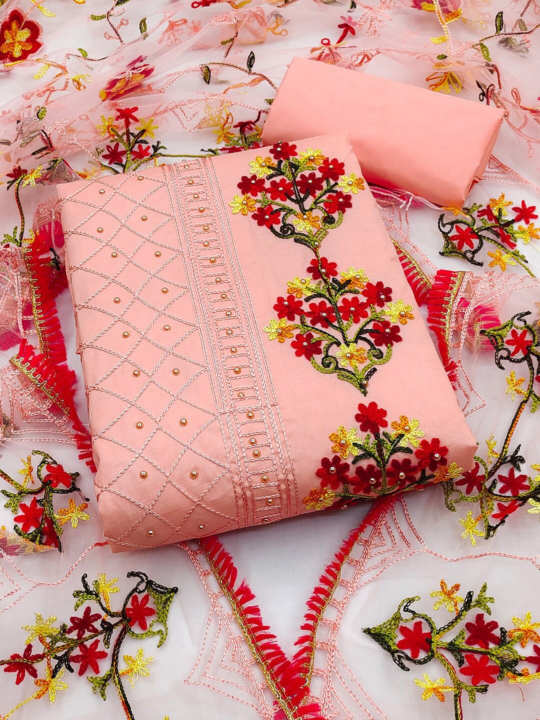 

GUNVANTI FAB Embroidered Unstitched Dress Material, Peach
