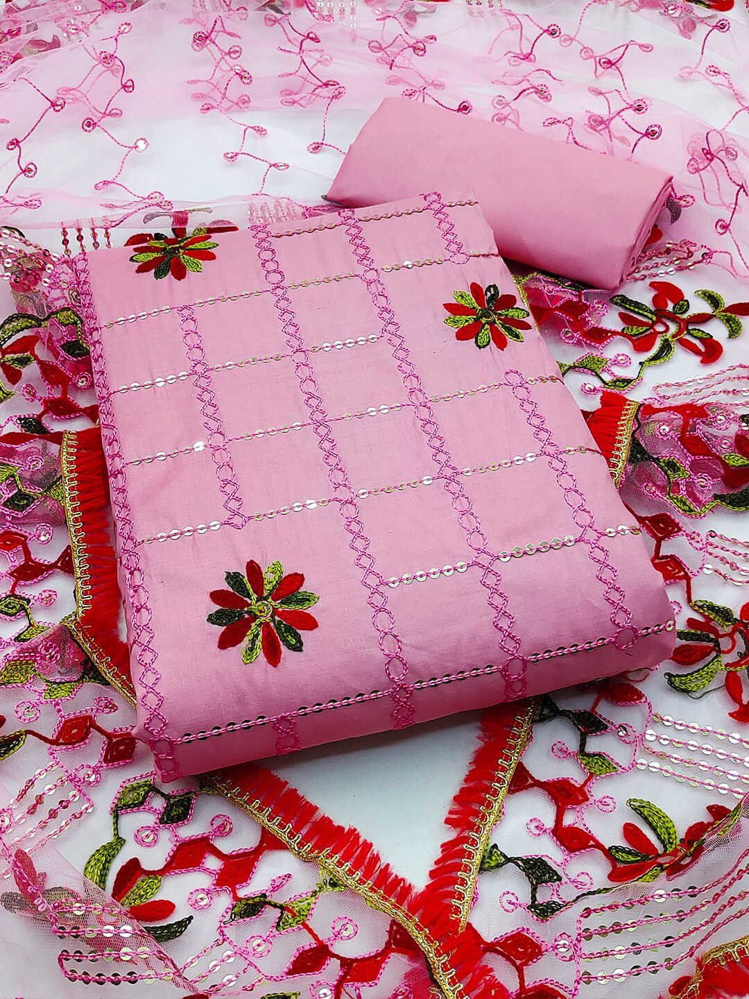 

GUNVANTI FAB Embroidered Unstitched Dress Material, Pink