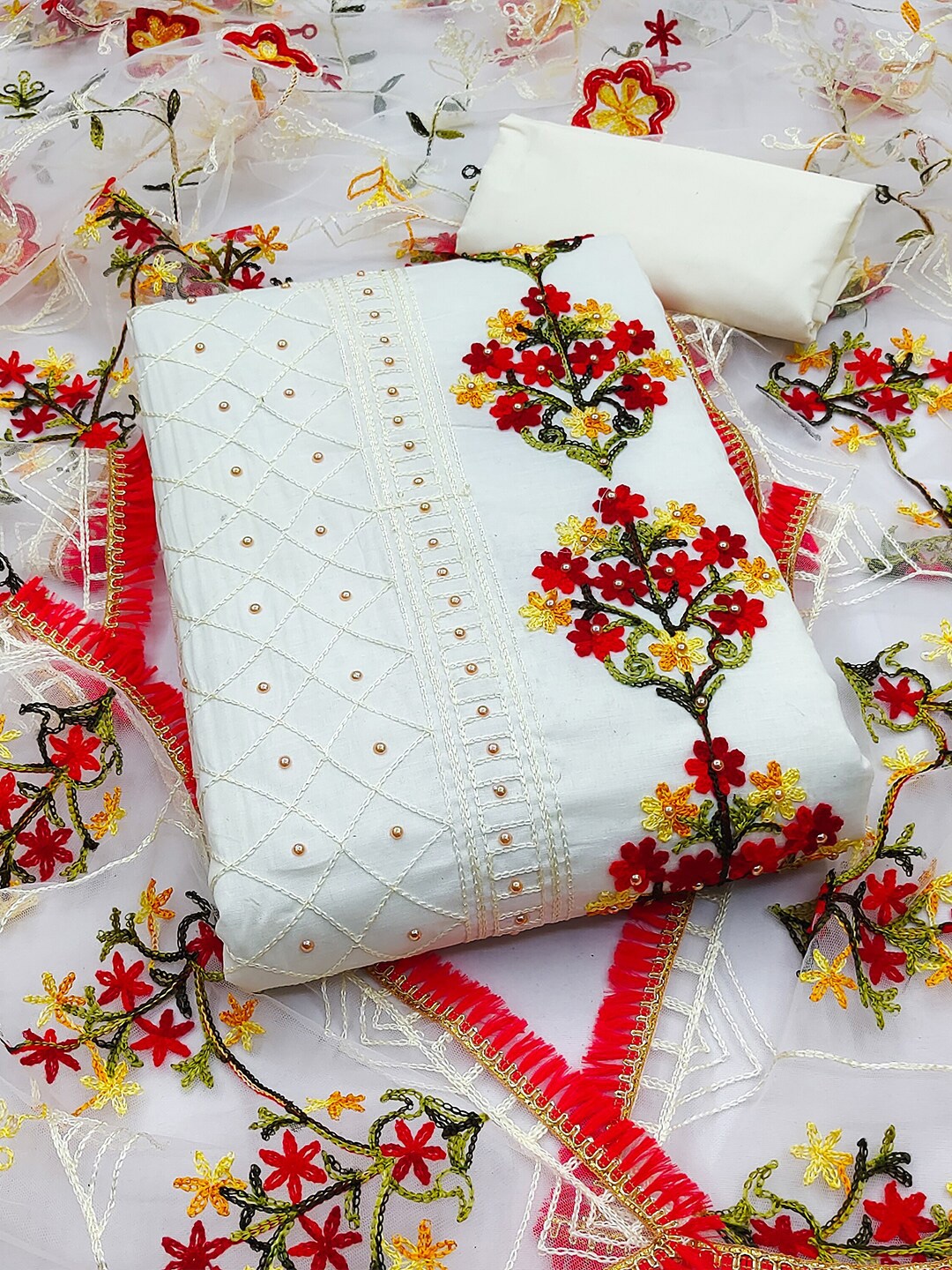 

GUNVANTI FAB Embroidered Unstitched Dress Material, Cream