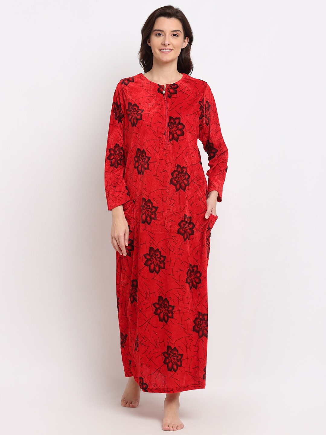 

GRACIT Printed Fleece Maxi Nightdress, Red