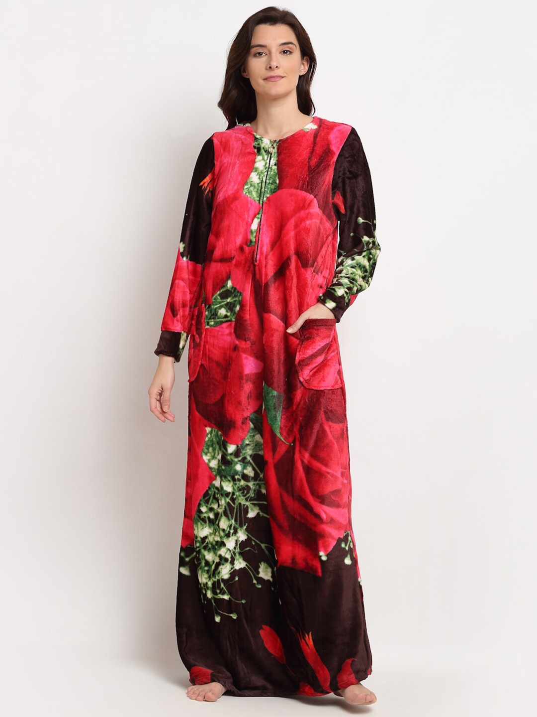 

GRACIT Printed Fleece Maxi Nightdress, Red