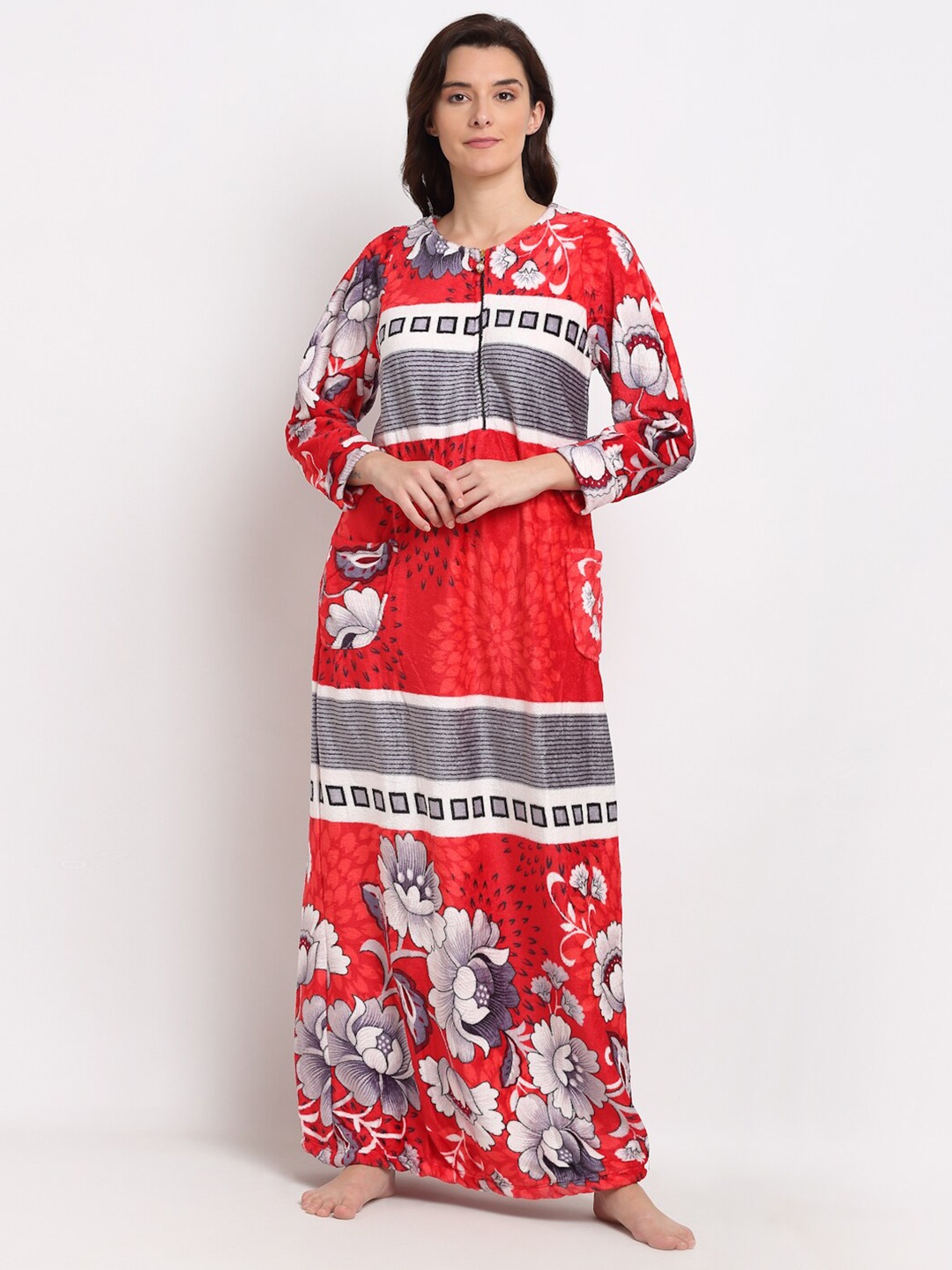 

GRACIT Printed Fleece Maxi Nightdress, Red