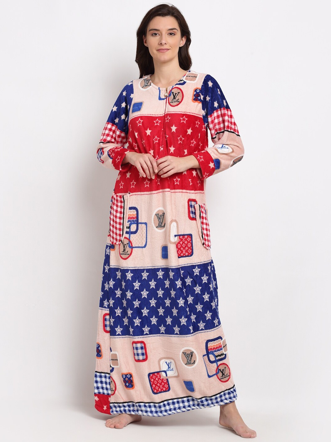 

GRACIT Printed Fleece Maxi Nightdress, Peach