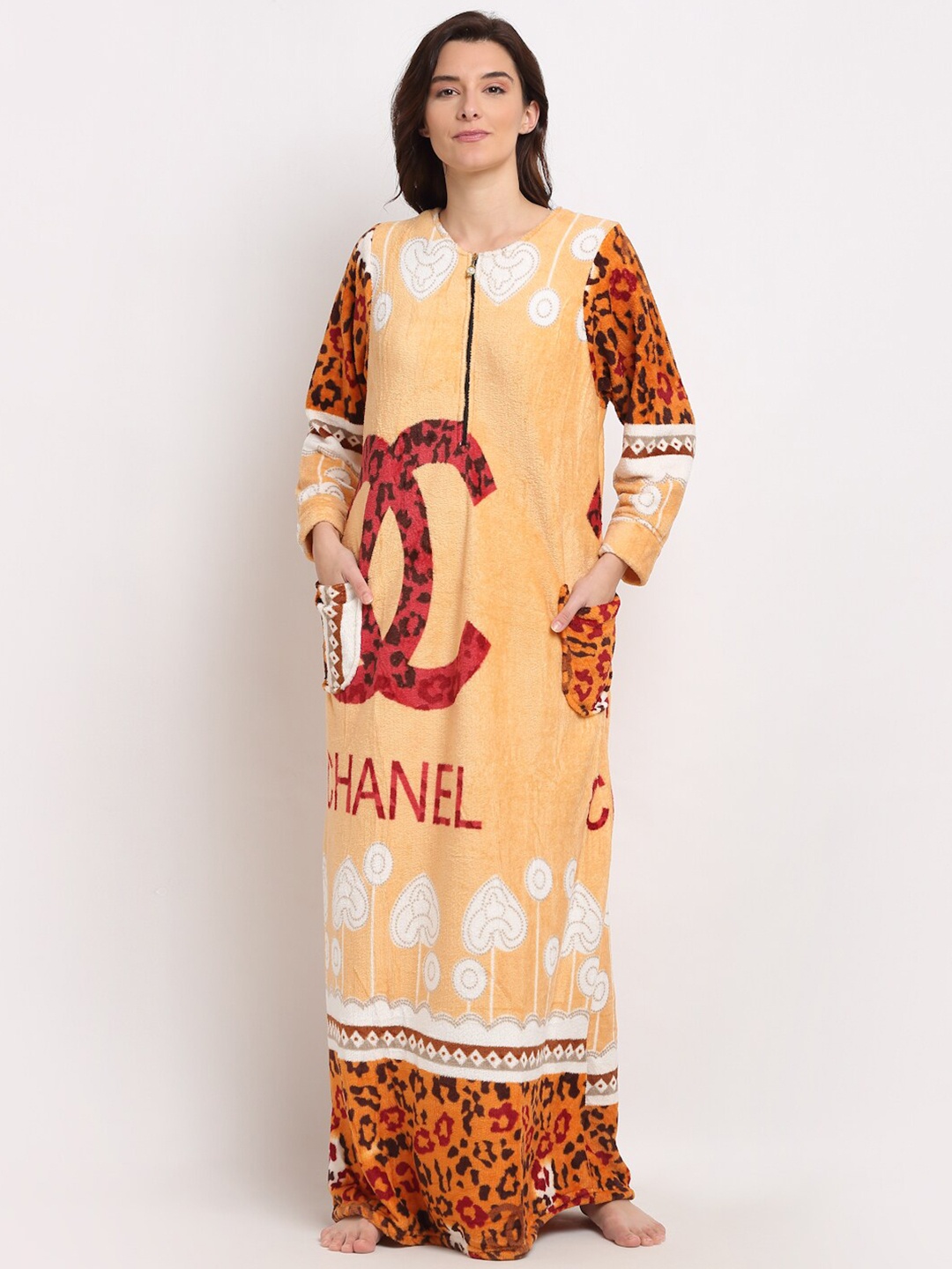 

GRACIT Printed Fleece Maxi Nightdress, Orange