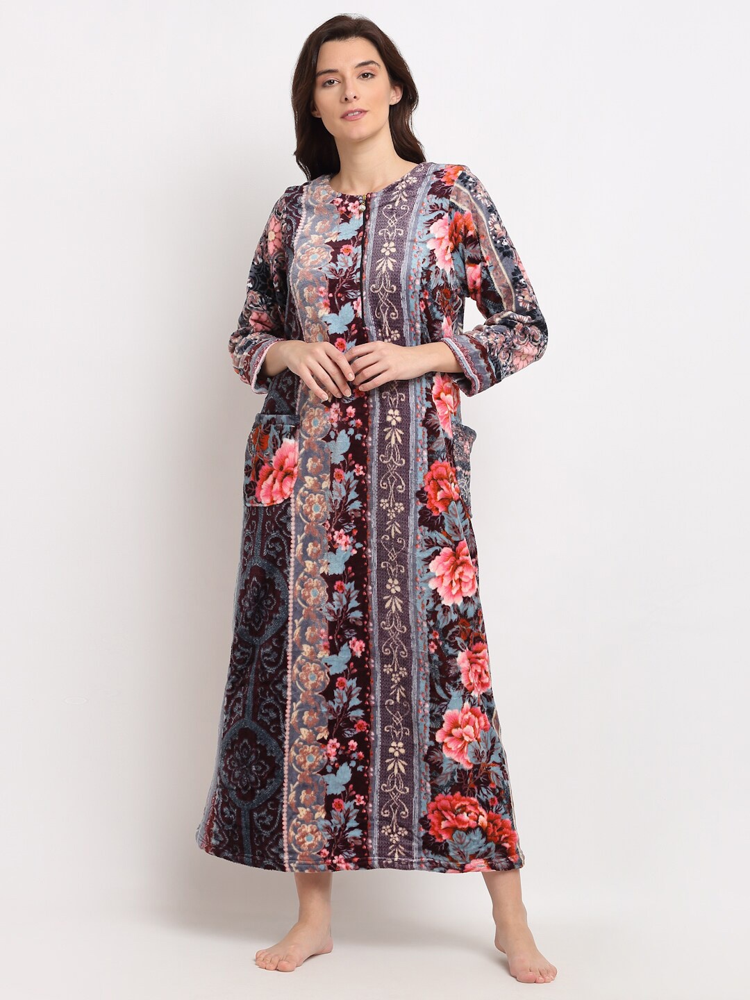 

GRACIT Women Printed Pure Cotton Maxi Nightdress, Brown