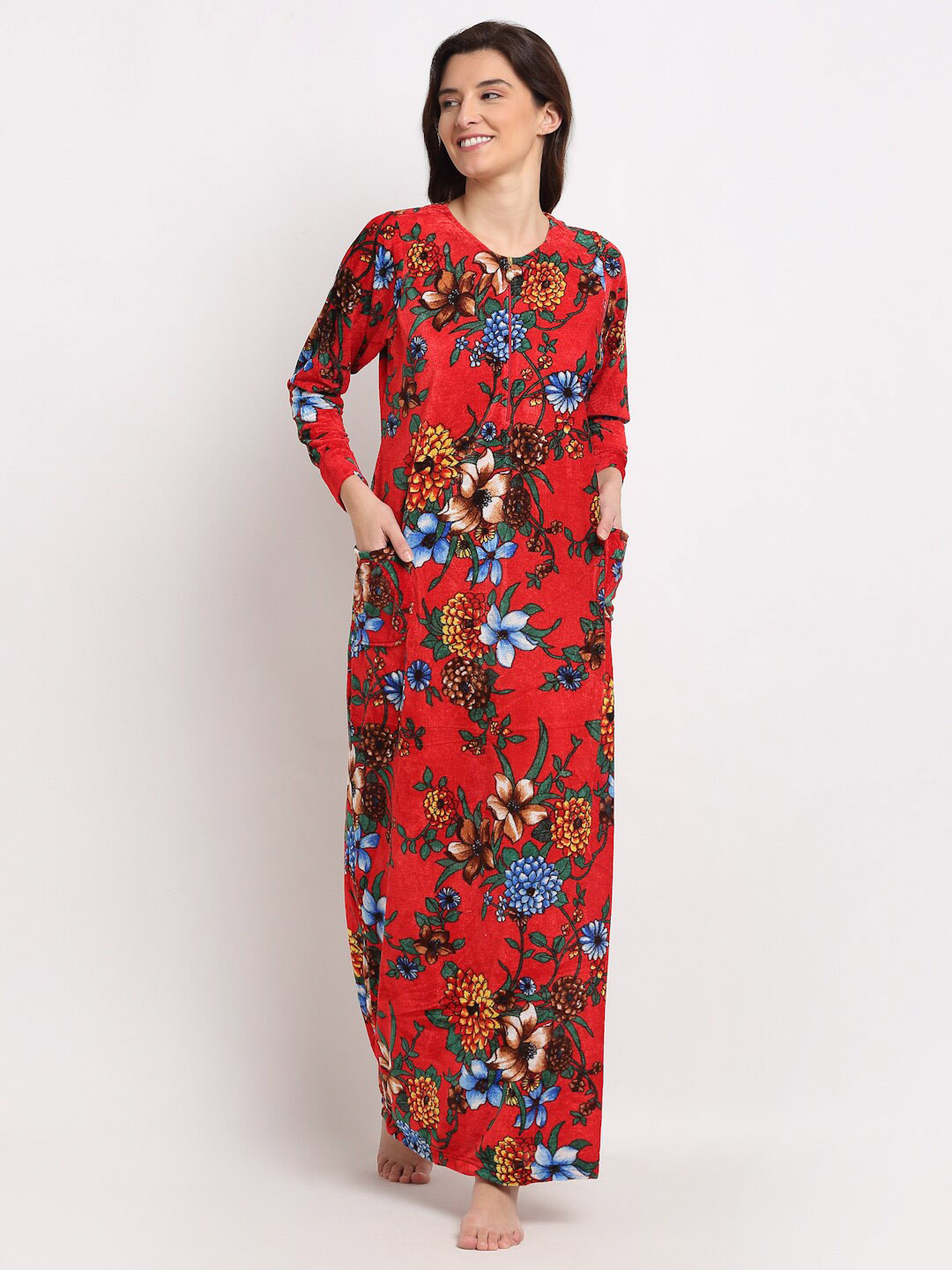 

GRACIT Floral Printed Wool Fleece Maxi Nightdress, Red