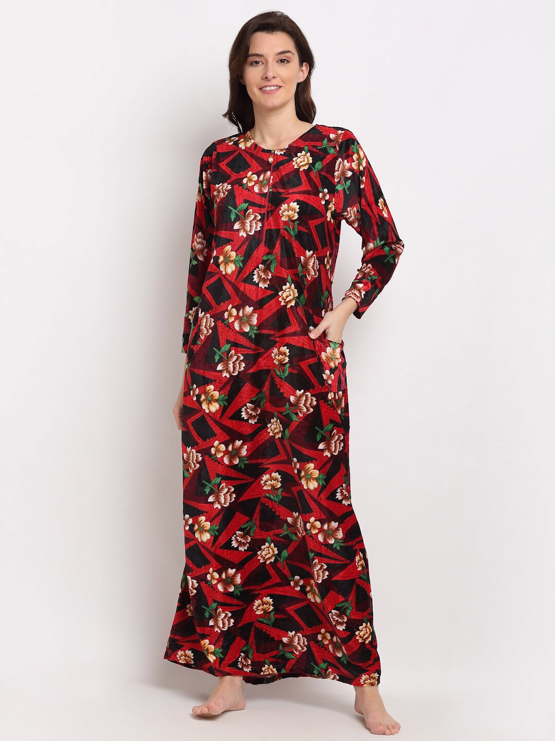 

GRACIT Floral Printed Wool Fleece Maxi Nightdress, Black