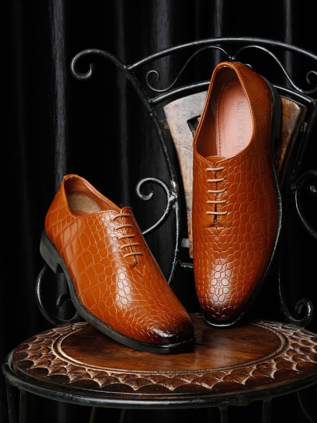 

MUTAQINOTI Men Textured Genuine Leather Formal Slip On Shoes, Tan