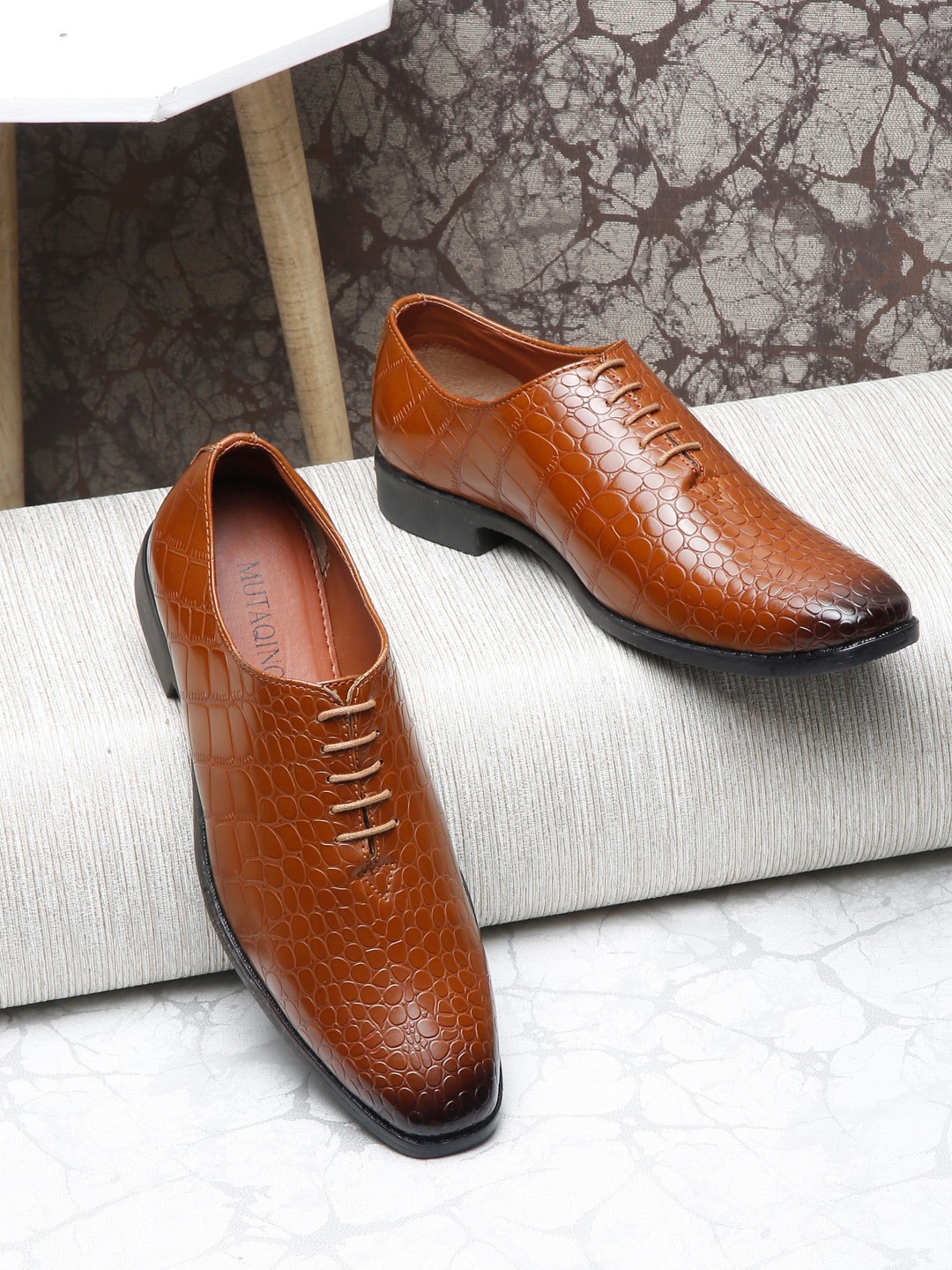 

MUTAQINOTI Men Textured Formal Slip On Shoes, Tan