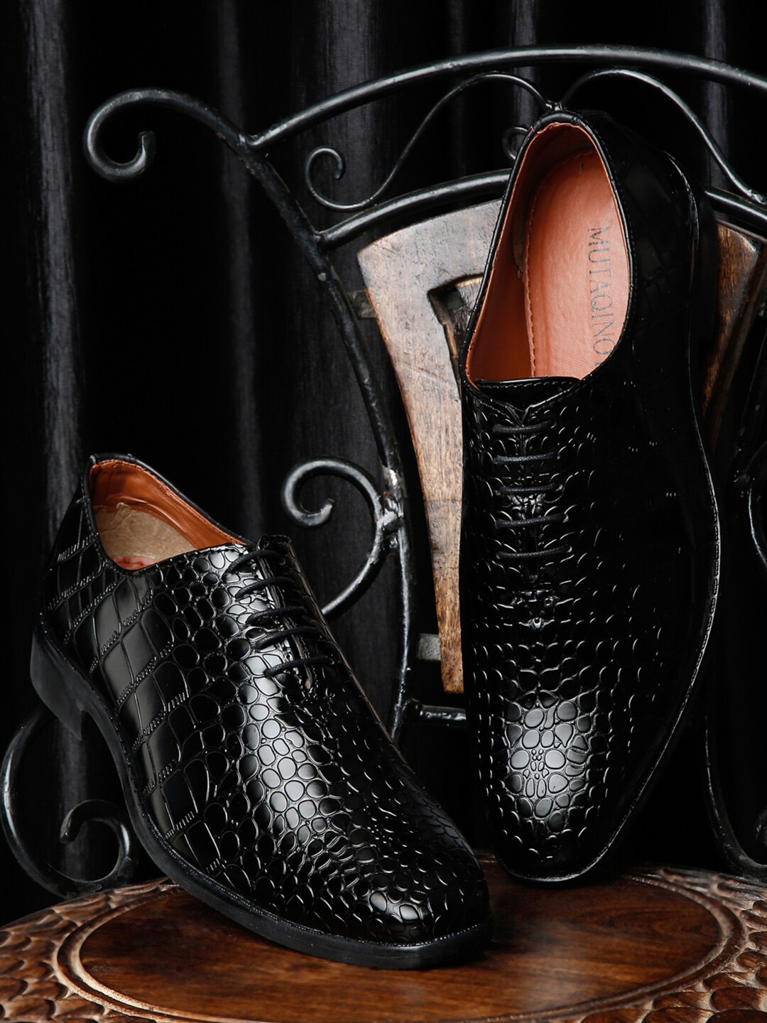 MUTAQINOTI Men Textured Luxury Leather Formal Oxfords, Black