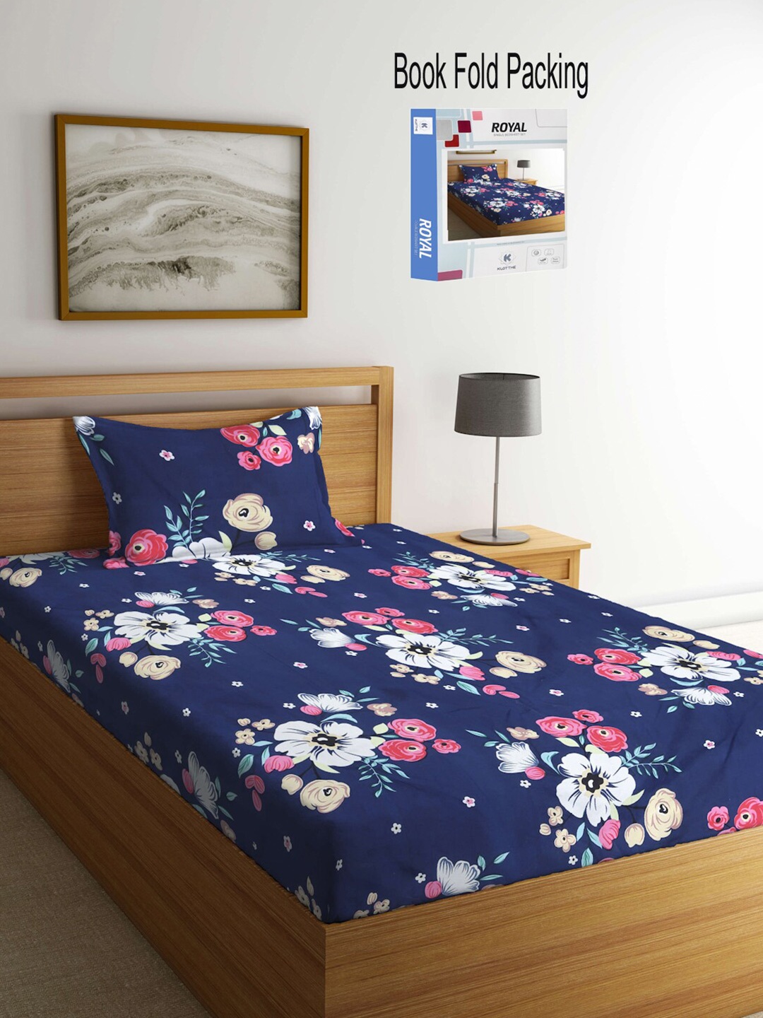 

KLOTTHE Navy Blue & White Floral Printed 300 TC Single Bedsheet with 1 Pillow Cover