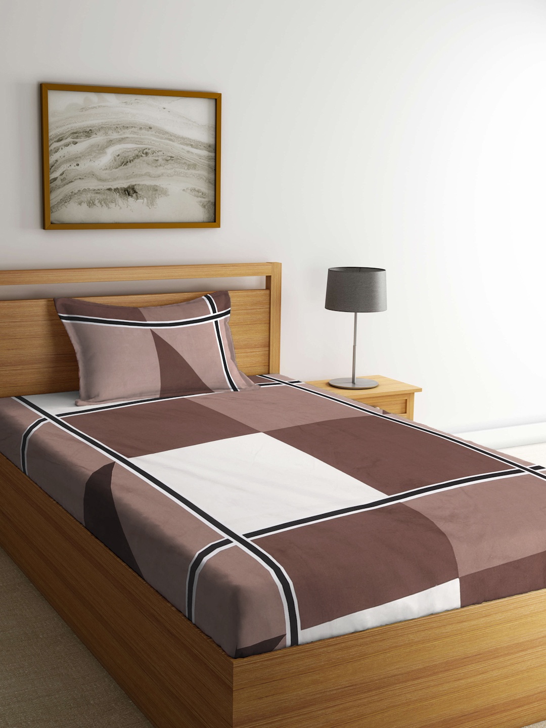 

KLOTTHE Brown & White Geometric Printed 300 TC Single Bedsheet with 1 Pillow Cover