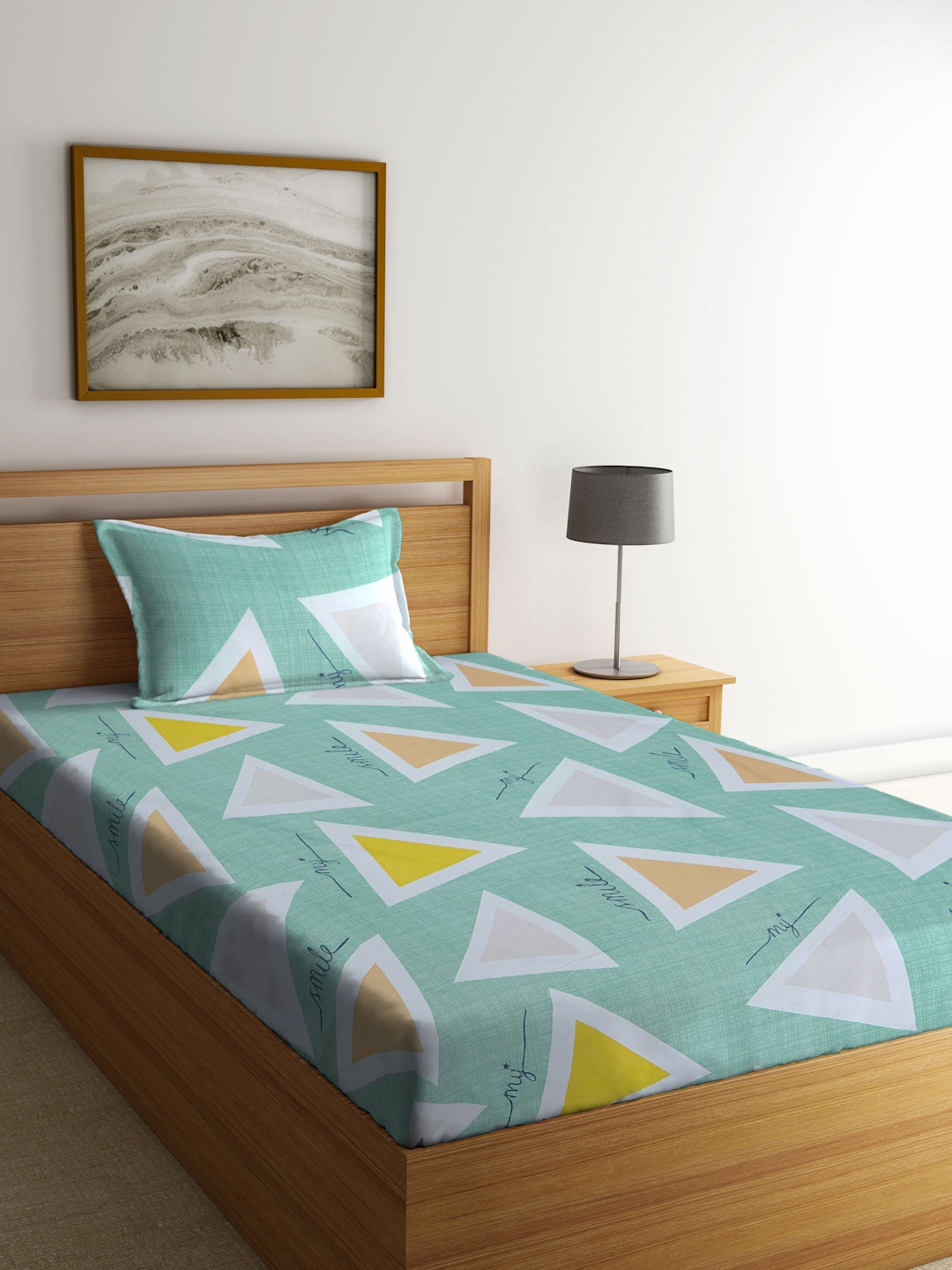 KLOTTHE Green & Yellow Geometric 300 TC Single Bedsheet with 1 Pillow Cover