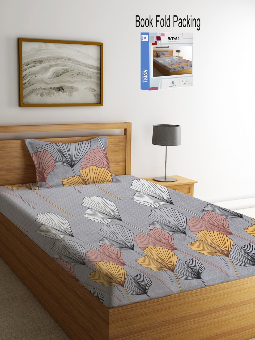 

KLOTTHE Grey & Yellow Floral 300 TC Single Bedsheet with 1 Pillow Covers