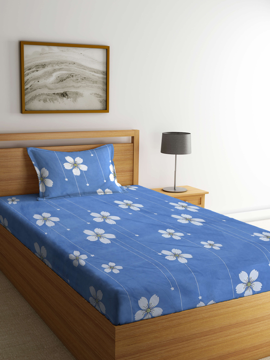 

KLOTTHE Blue & White Floral 300 TC Single Bedsheet with 1 Pillow Cover