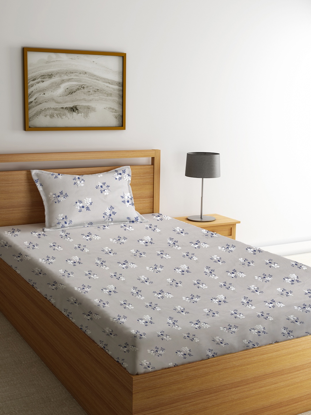 

KLOTTHE Grey & Blue Floral 300 TC Single Bedsheet with 1 Pillow Cover