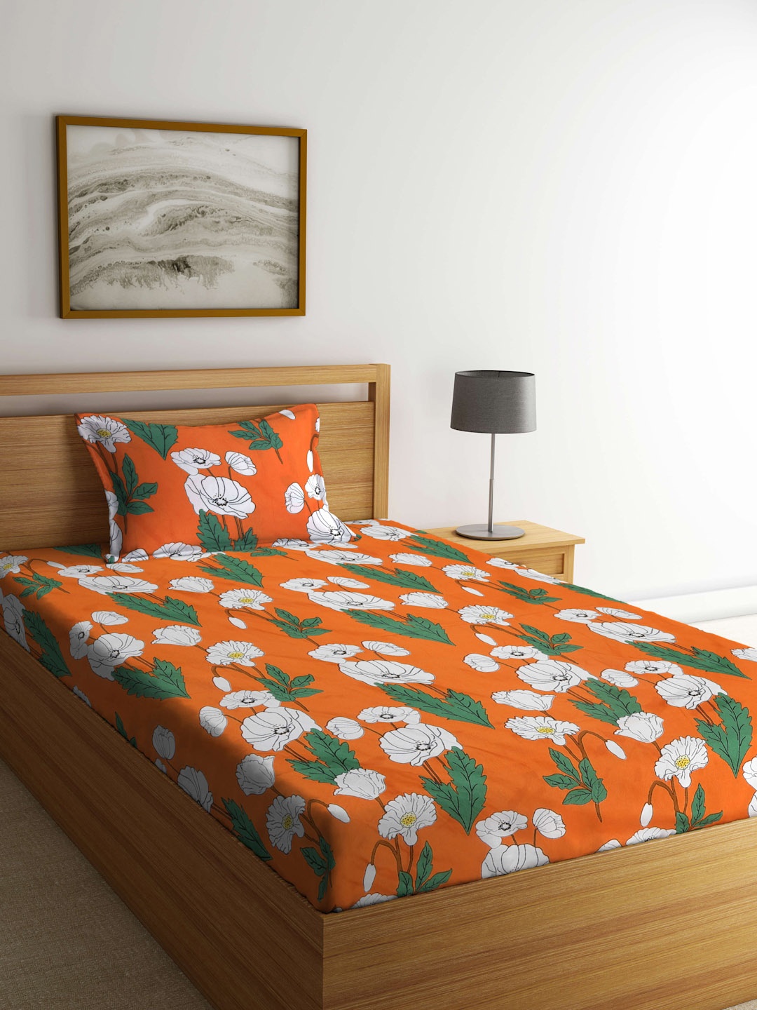 

KLOTTHE Orange & White Floral 300 TC Single Bedsheet with 1 Pillow Cover
