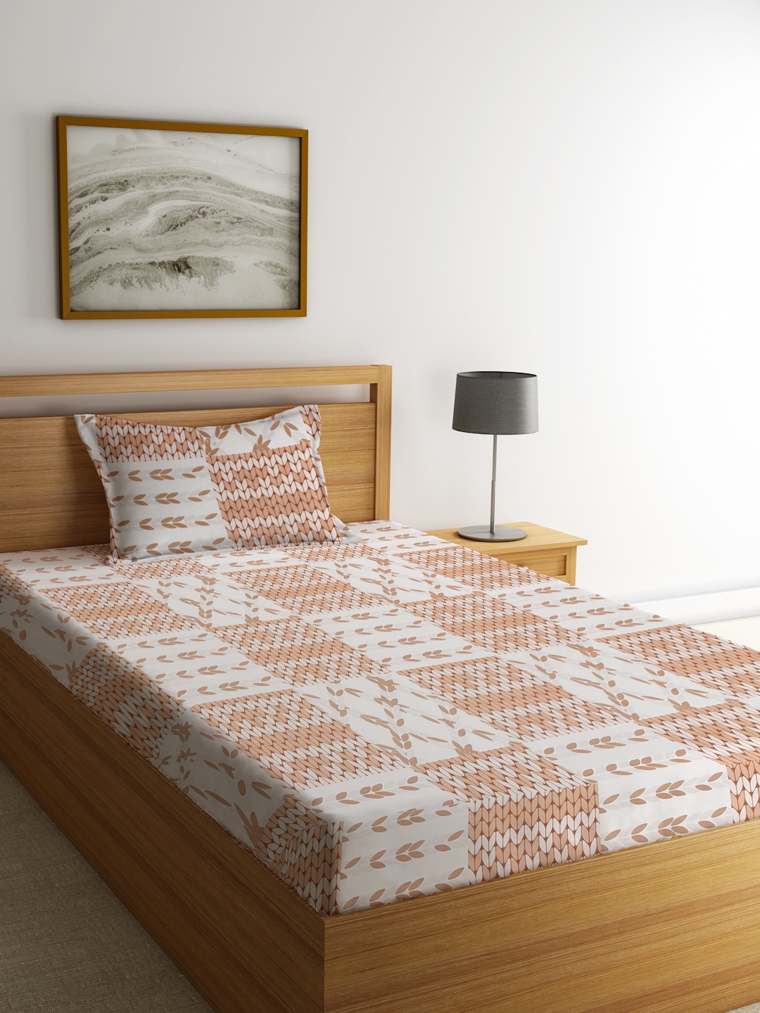 

KLOTTHE White & Beige Floral 300 TC Single Bedsheet with 1 Pillow Covers