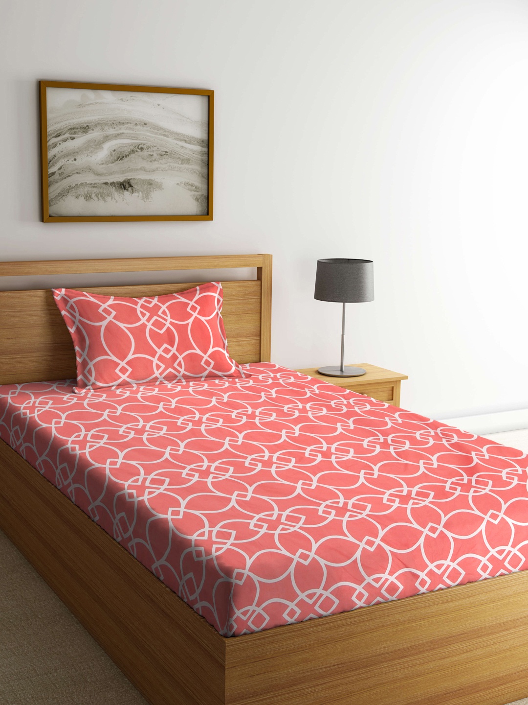 

KLOTTHE Peach-Coloured & White Geometric 300 TC Single Bedsheet with 1 Pillow Covers