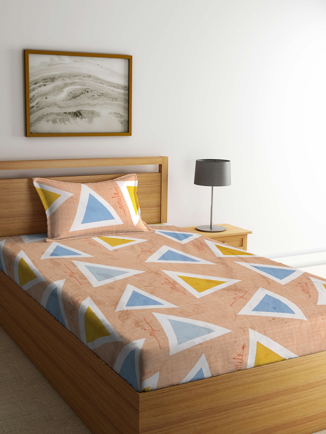 

KLOTTHE Beige & Blue Geometric 300 TC Single Bedsheet with 1 Pillow Covers
