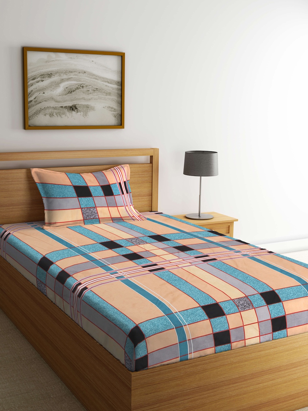 

KLOTTHE Blue & Beige Striped 300 TC Single Bedsheet with 1 Pillow Covers