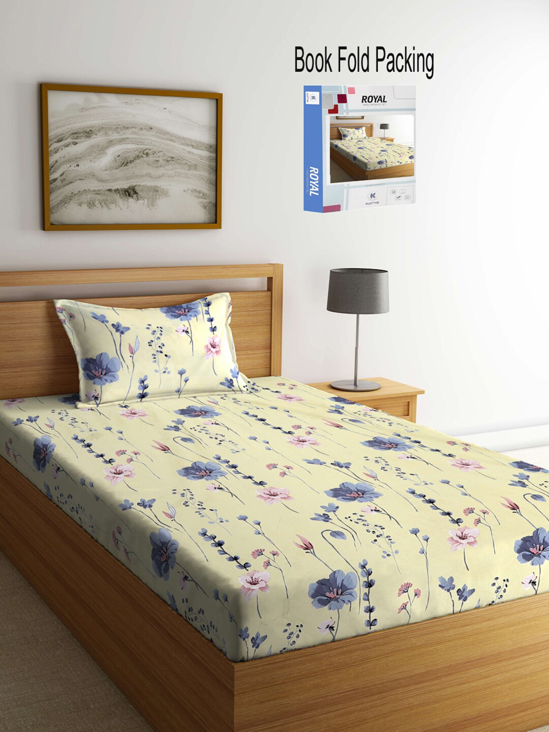 

KLOTTHE Cream-Coloured & Blue Floral 300 TC Single Bedsheet with 1 Pillow Covers