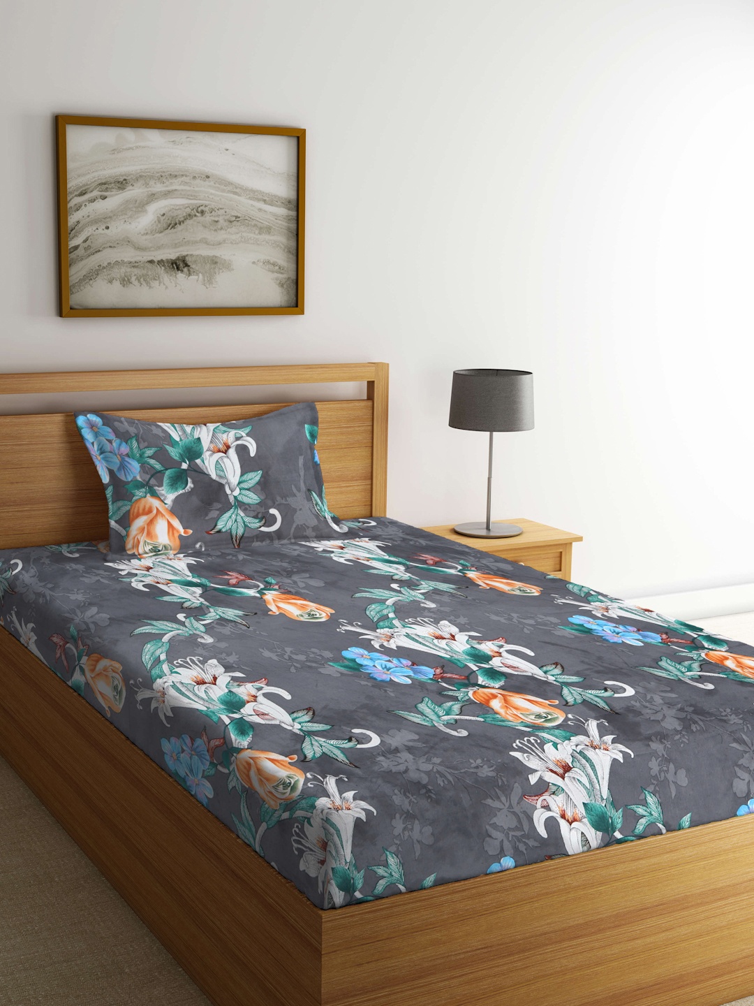 

KLOTTHE Grey & Blue Floral 300 TC Single Bedsheet with 1 Pillow Covers