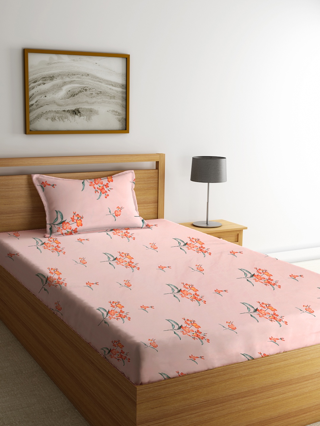 KLOTTHE Peach & Orange Floral 300 TC Single Bedsheet with 1 Pillow Cover