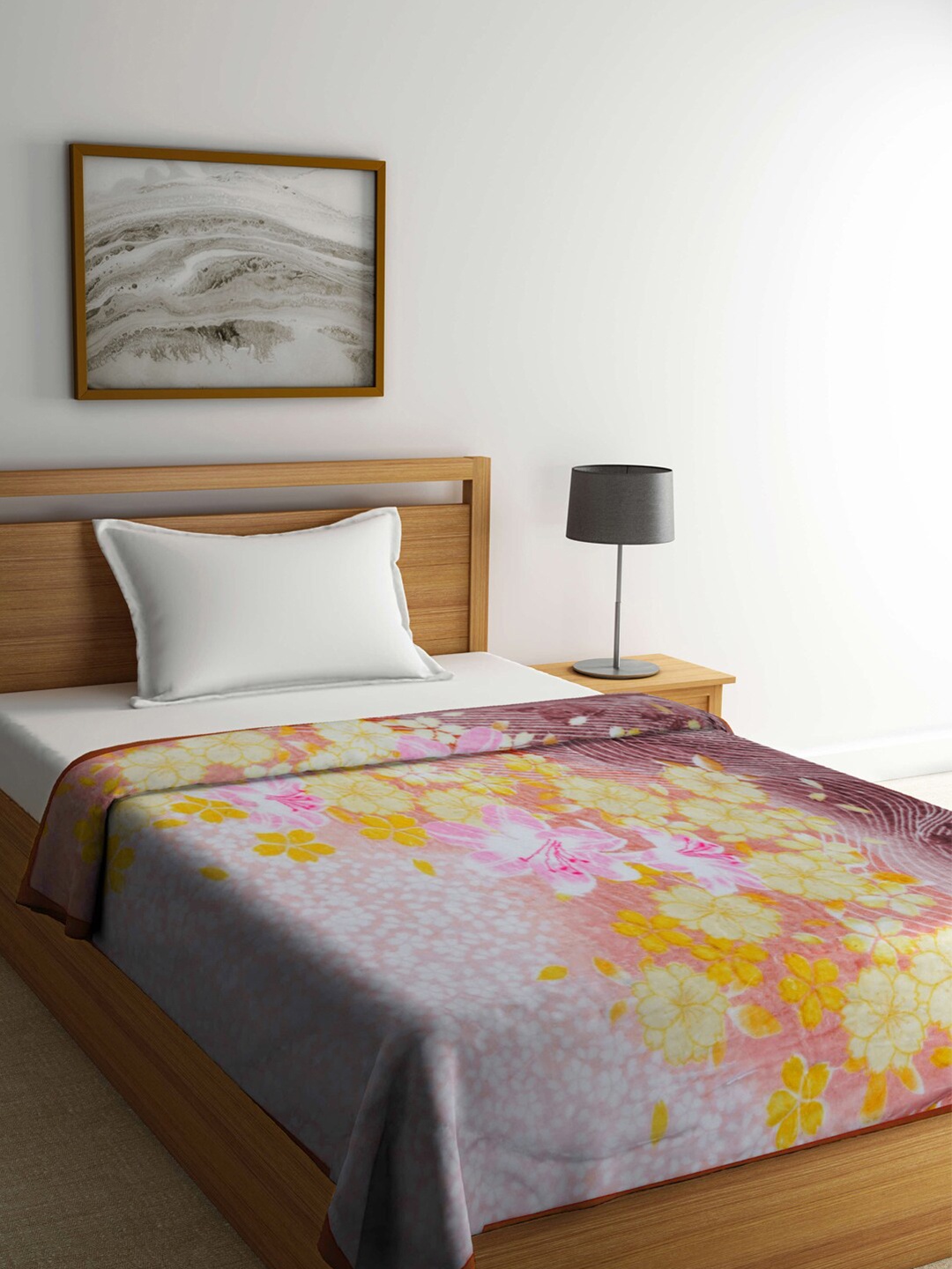 

KLOTTHE Pink & Brown Floral Printed 1000 GSM Heavy Winter Single Bed Blanket
