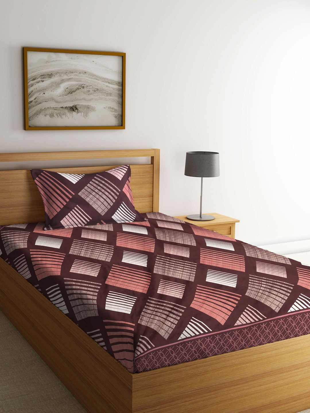 

KLOTTHE Brown & Peach-Coloured 300 TC Fitted Single Bedsheet with 1 Pillow Covers
