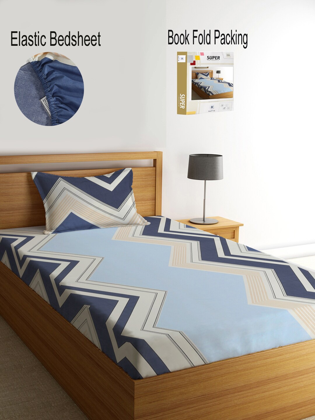 

KLOTTHE Blue & White Geometric 300 TC Single Bedsheet with 1 Pillow Covers
